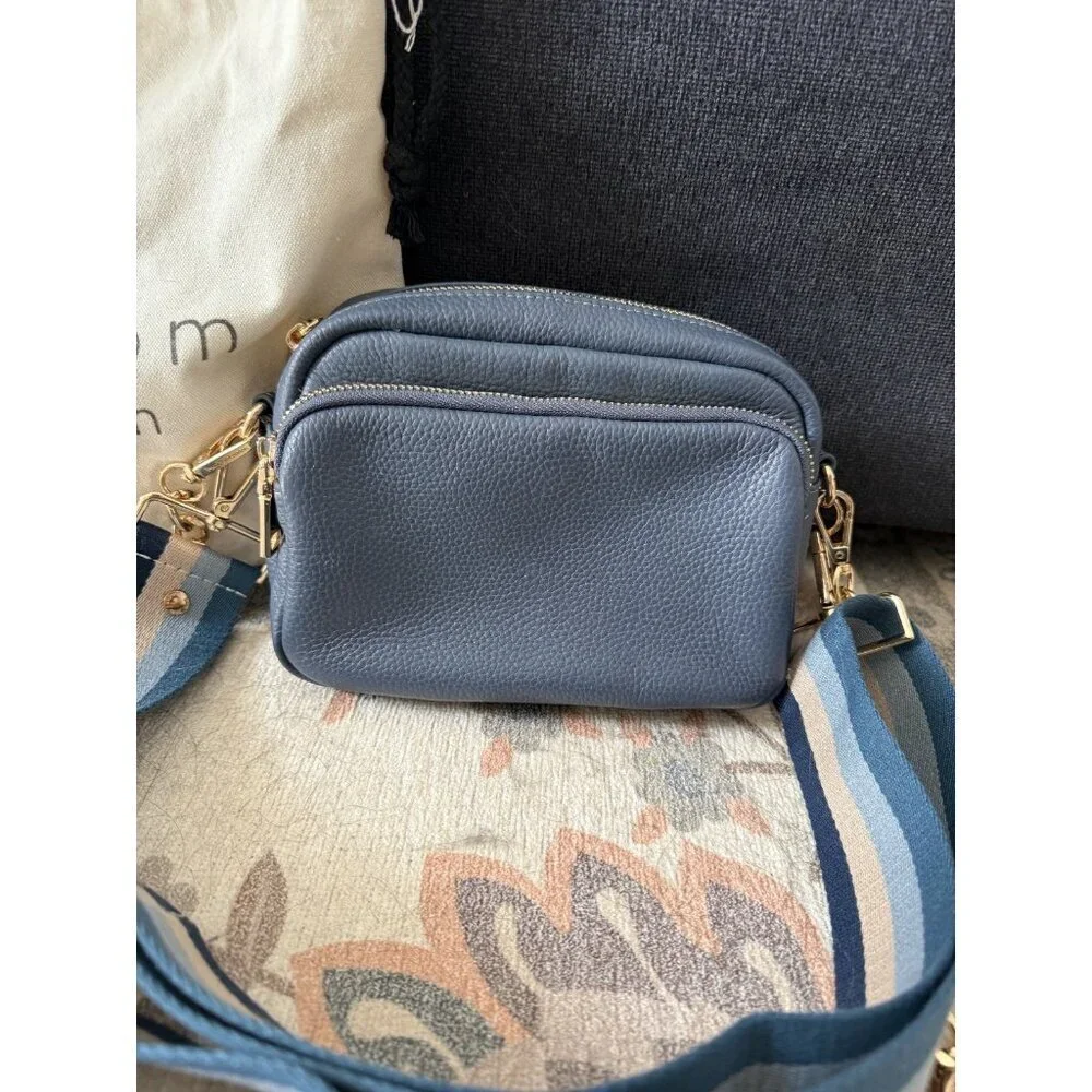 Pom Pom London Original Leather Crossbody Bag In Slate Blue With 2 Straps Small